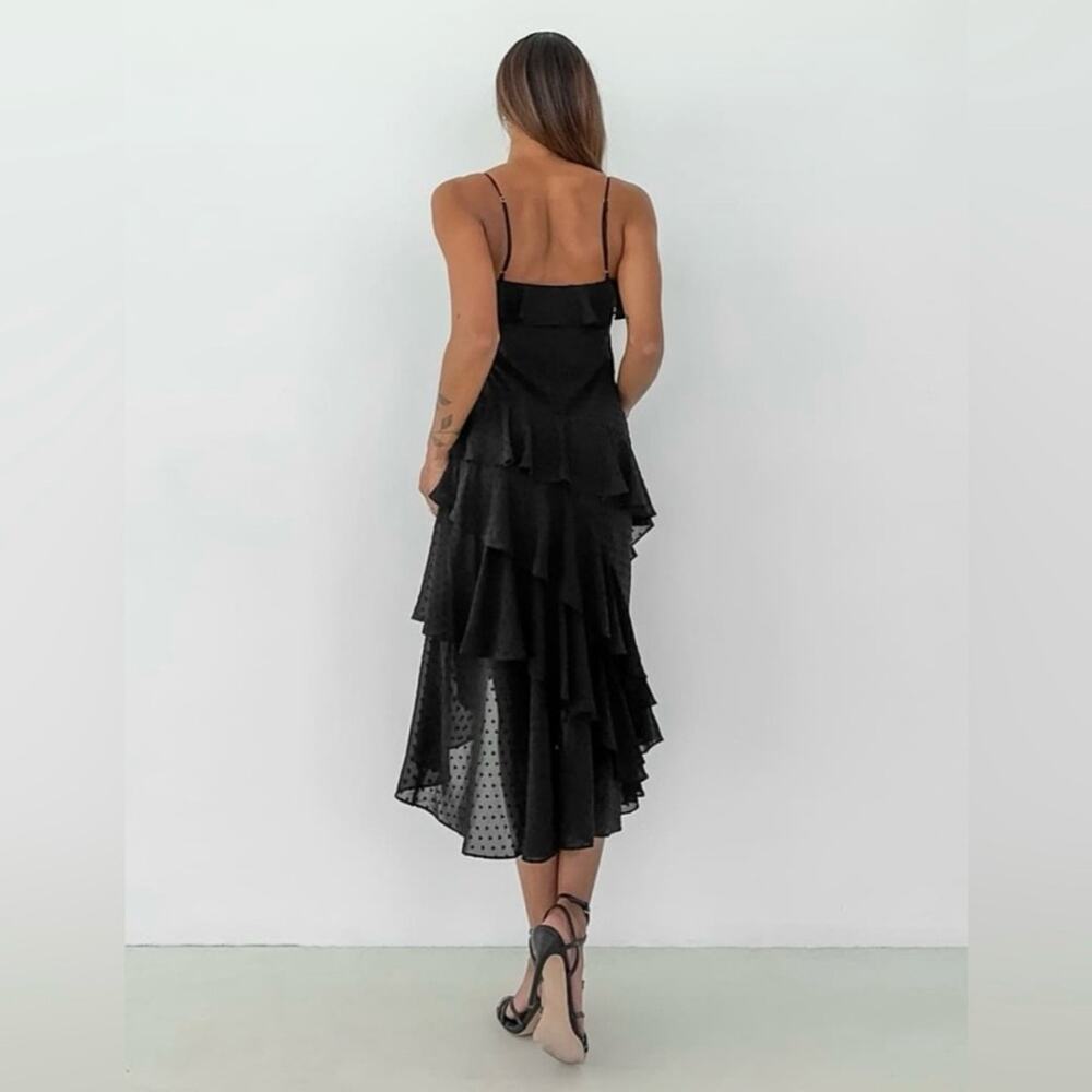 NEW Rumored Dot Ruffle Tiered Cha Cha Midi Dress in Black Women's Small $128 - Picture 5 of 12